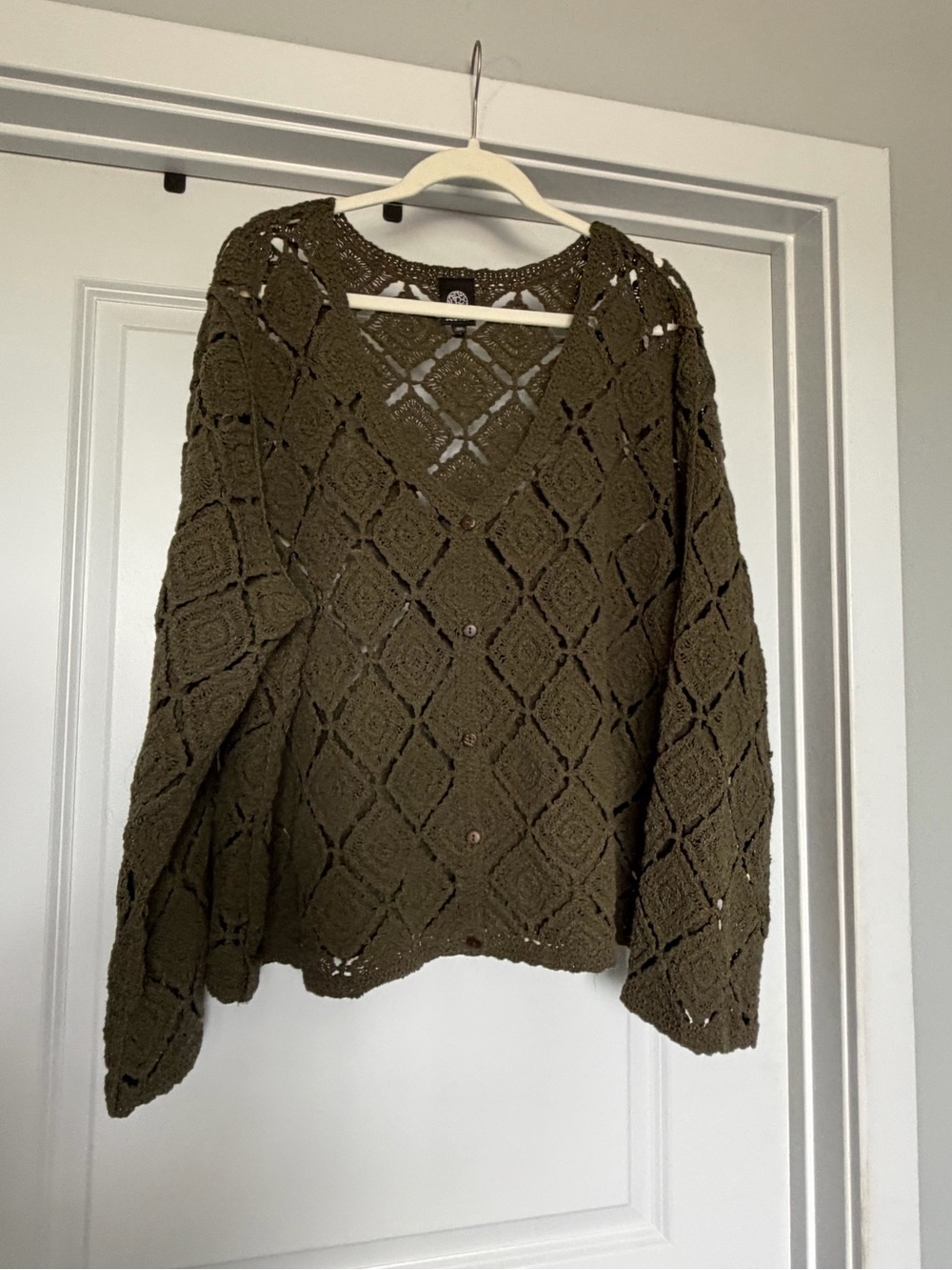 Bobeau 3X Olive Green Crochet Open Knit Cardigan Boho